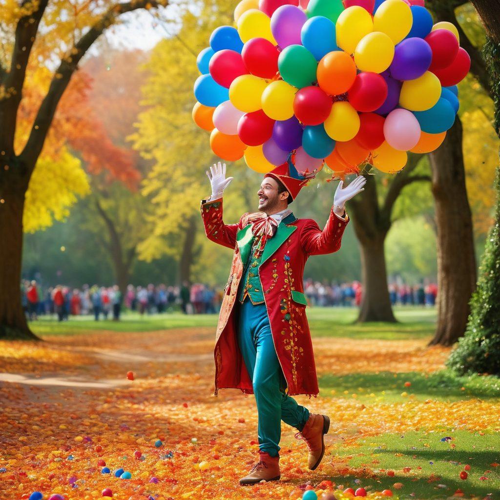 A whimsical scene featuring a jester playfully juggling colorful balls in a vibrant park filled with laughing people, balloons, and confetti. The jester wears a bright, exaggerated costume, with a huge smile that radiates joy, while a rainbow arcs overhead. Laughter and warmth fill the atmosphere, encouraging viewers to embrace the joy of life. super-realistic. vibrant colors. cheerful ambiance.
