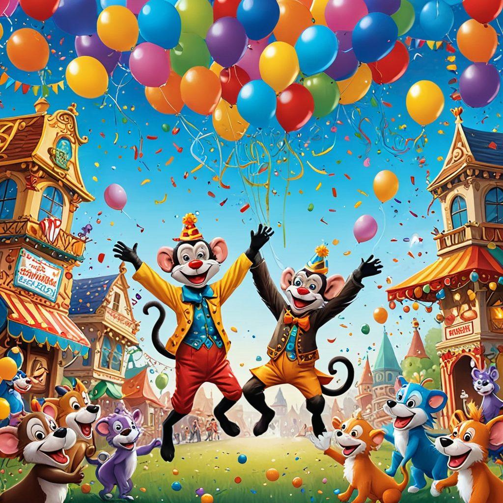 A whimsical illustration featuring a jester juggling colorful balls, surrounded by playful cartoon animals engaging in various silly antics. Include vibrant confetti falling from above and a bright, cheerful backdrop of a carnival with balloons and streamers. The essence of humor and joy should radiate from the scene, inviting viewers to a world of fun. super-realistic. vibrant colors. cartoon style.