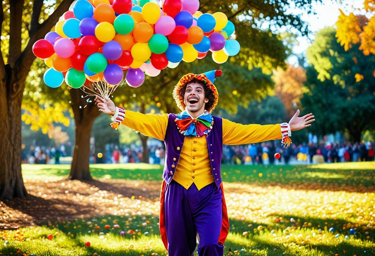 A whimsical jester with a colorful outfit, juggling colorful balls in a lively park scene filled with playful children laughing and enjoying pranks. Balloons and confetti float in the air, while a backdrop of vibrant trees adds to the festive atmosphere. The jester has a mischievous grin, and the sun is shining brightly. illustration style, vibrant colors, playful and fun.